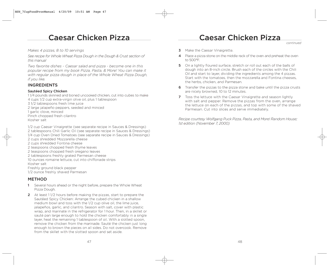 Wolfgang Puck BFPR0007 manual Caesar Chicken Pizza 