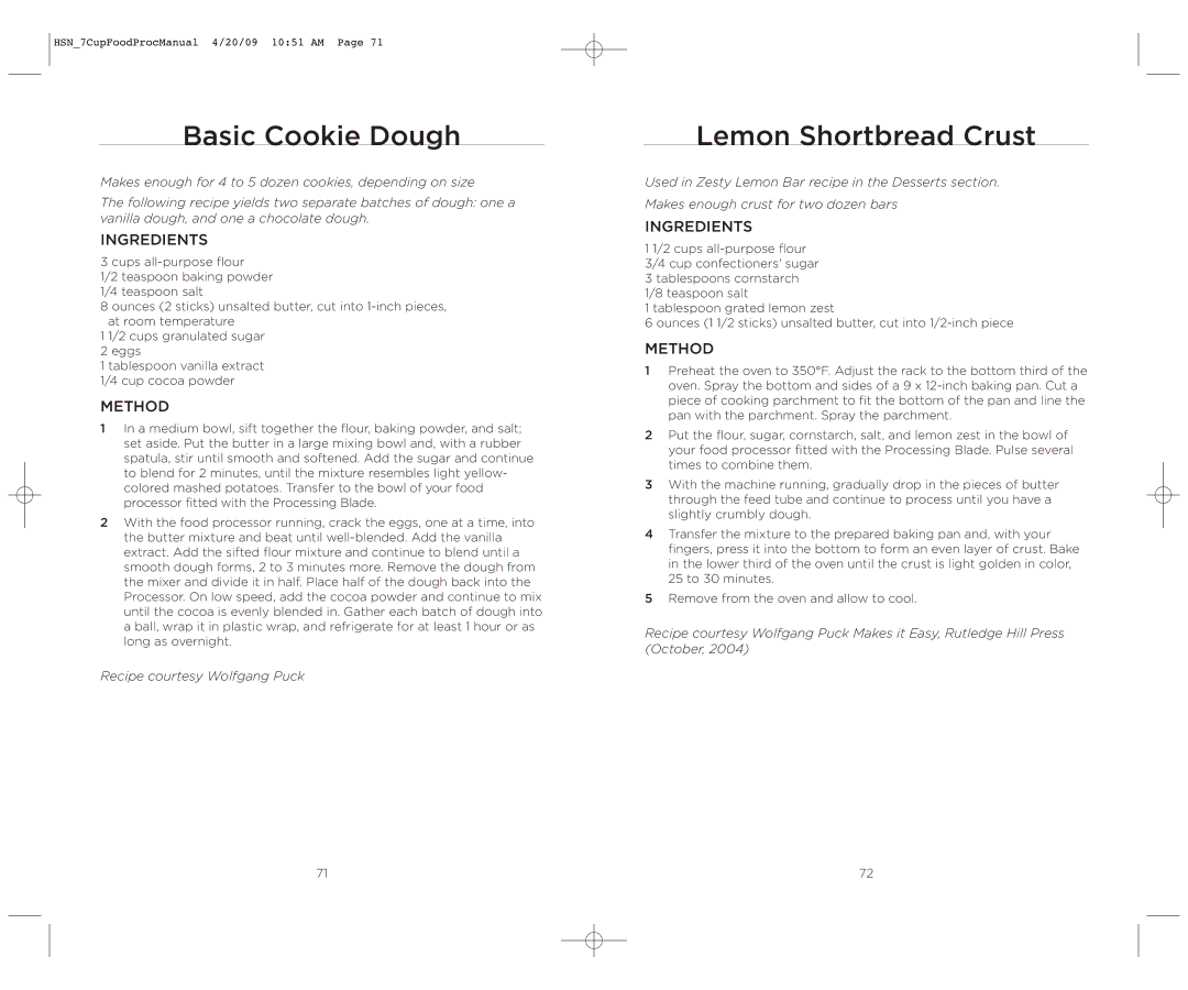 Wolfgang Puck BFPR0007 manual Basic Cookie Dough, Lemon Shortbread Crust 