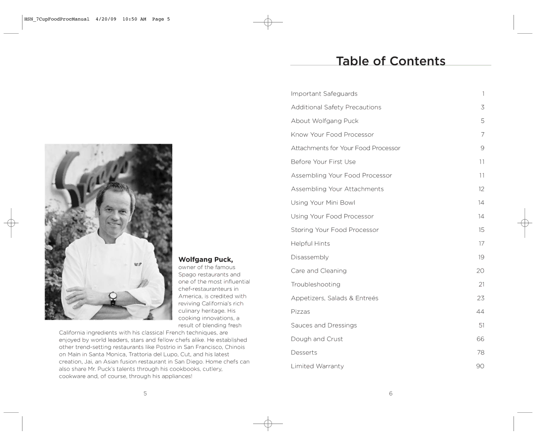 Wolfgang Puck BFPR0007 manual Table of Contents 