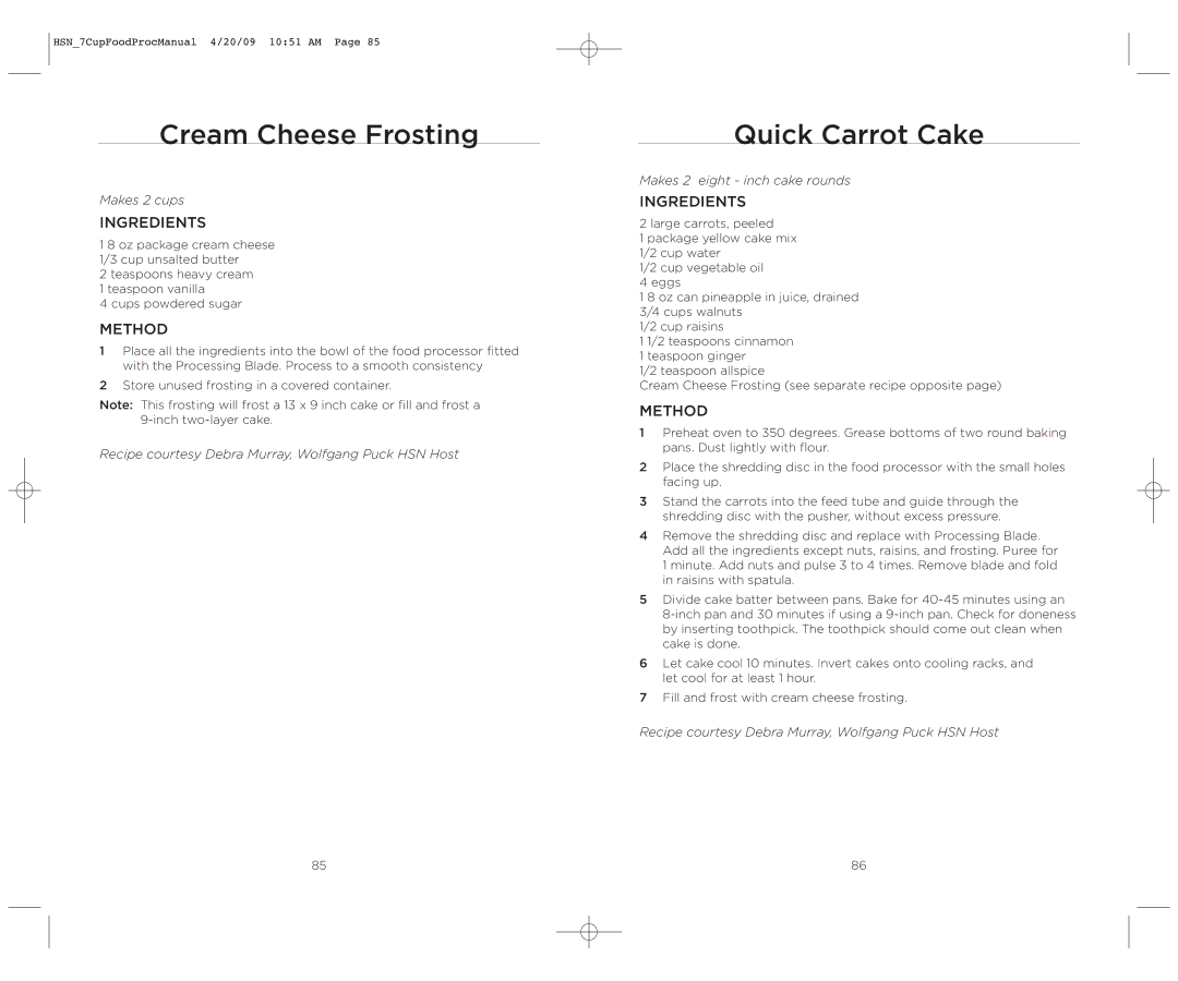 Wolfgang Puck BFPR0007 manual Cream Cheese Frosting, Quick Carrot Cake 