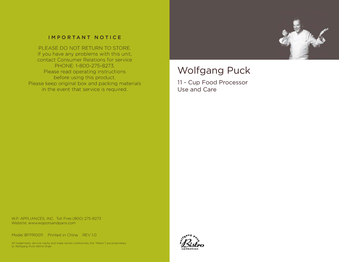 Wolfgang Puck BFPR0011 manual Wolfgang Puck, P O R T a N T N O T I C E 