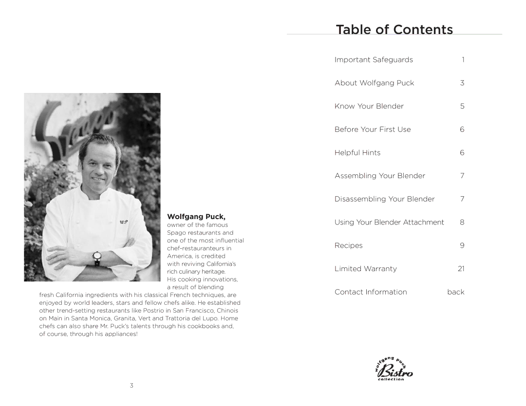 Wolfgang Puck BFPR0011 manual Table of Contents 