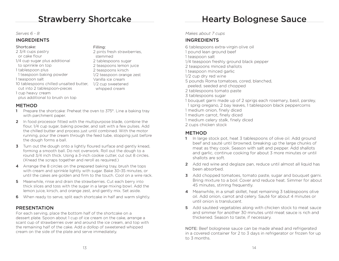 Wolfgang Puck BFPR0011 manual Strawberry Shortcake Hearty Bolognese Sauce, Presentation 