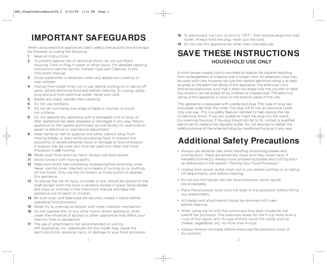 Wolfgang Puck BFPR0040 operating instructions Important Safeguards 