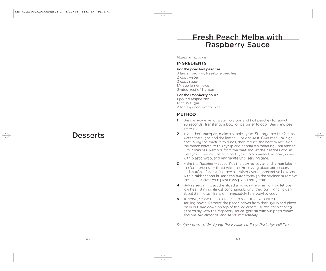 Wolfgang Puck BFPR0040 operating instructions Desserts Fresh Peach Melba with Raspberry Sauce 