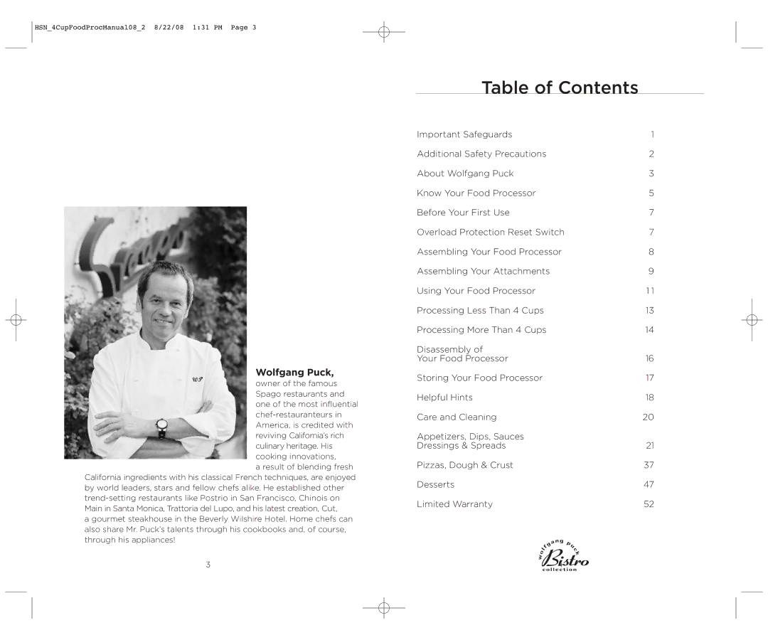 Wolfgang Puck BFPR0040 operating instructions Table of Contents 