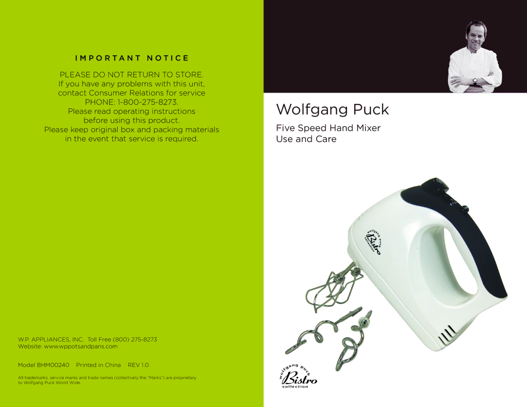 Wolfgang Puck BHM00240 manual Wolfgang Puck 