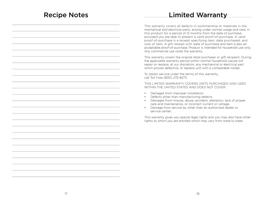 Wolfgang Puck BHM00240 manual Recipe Notes Limited Warranty 