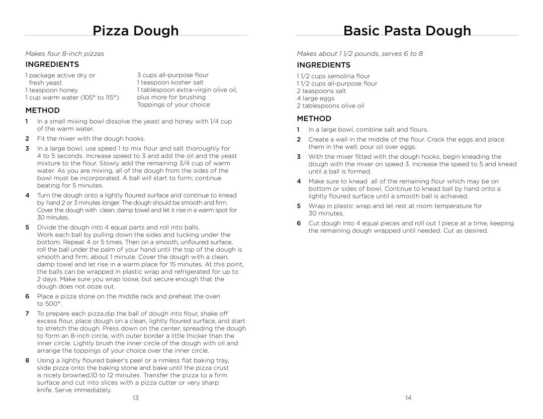 Wolfgang Puck BHM00240 manual Pizza Dough Basic Pasta Dough 