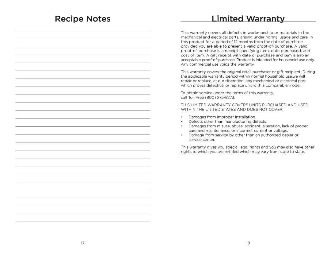 Wolfgang Puck BHM00240 manual Limited Warranty, Recipe Notes 