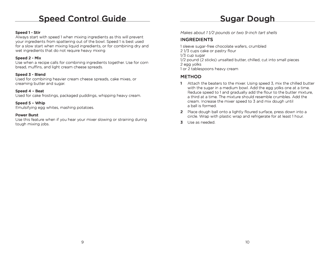 Wolfgang Puck BHM00240 manual Speed Control Guide, Sugar Dough, Ingredients, Method 