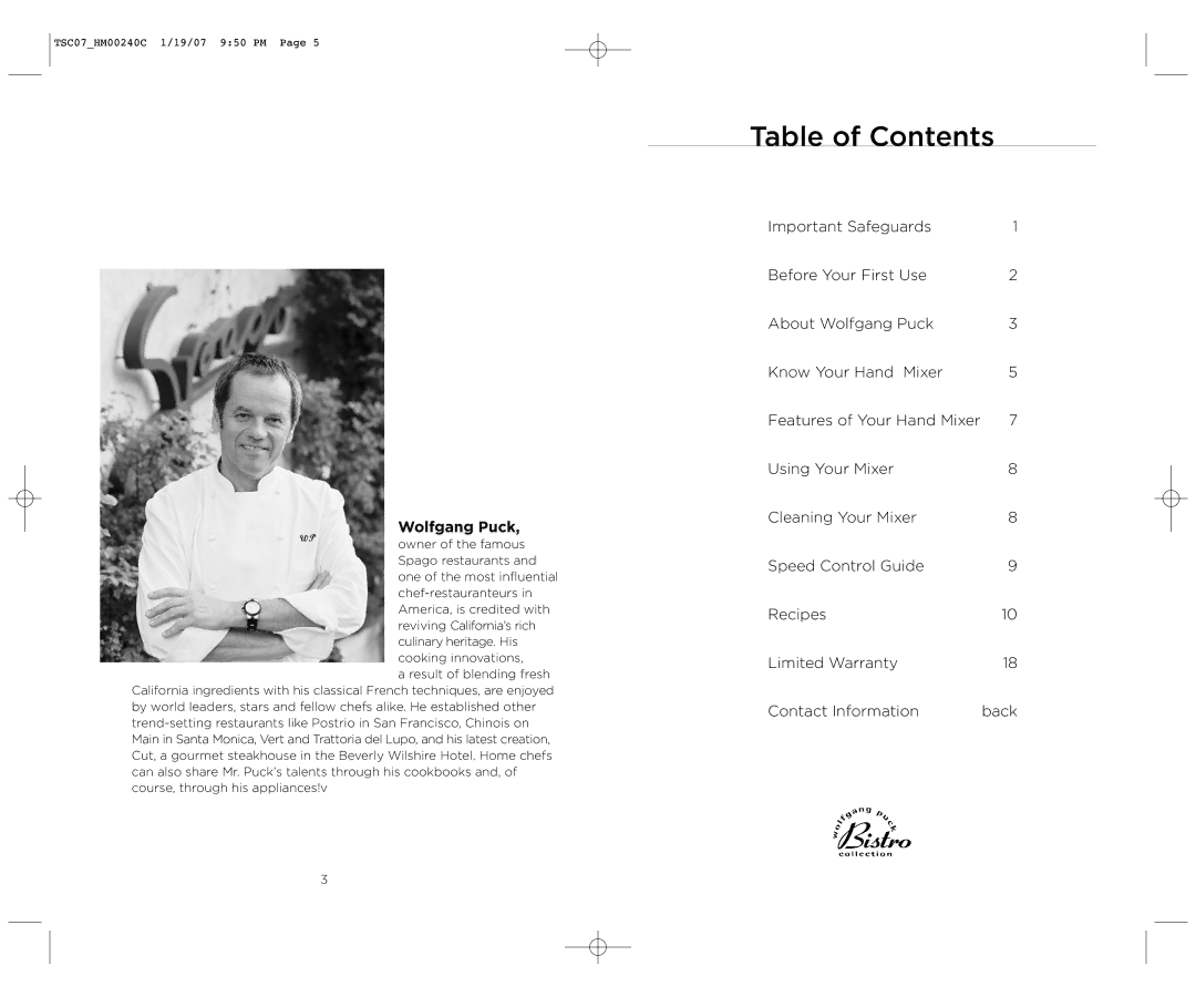 Wolfgang Puck BHM00240C manual Table of Contents 