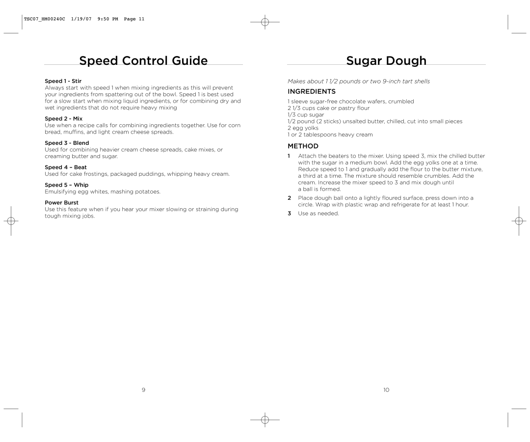 Wolfgang Puck BHM00240C manual Speed Control Guide, Sugar Dough 