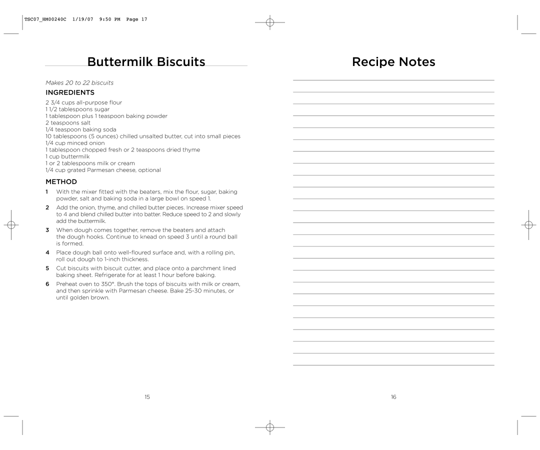 Wolfgang Puck BHM00240C manual Buttermilk Biscuits, Recipe Notes 