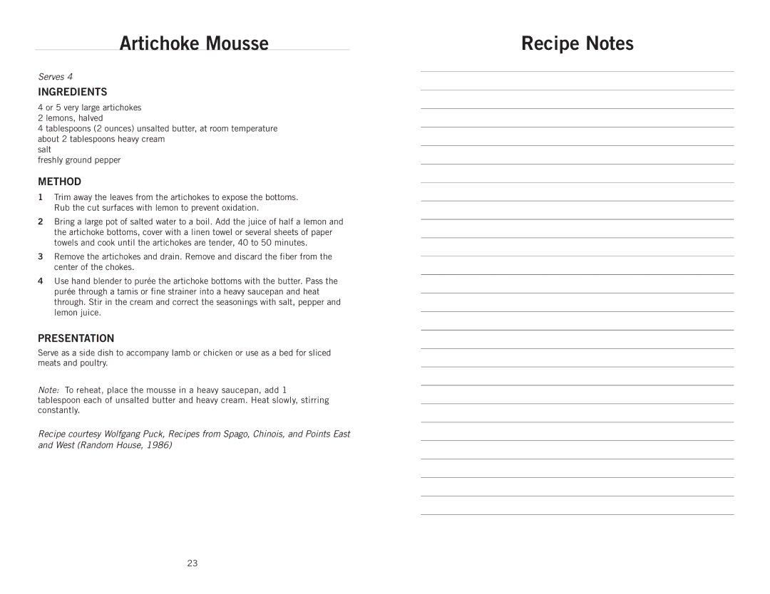 Wolfgang Puck BIBC1010 manual Artichoke Mousse, Recipe Notes 