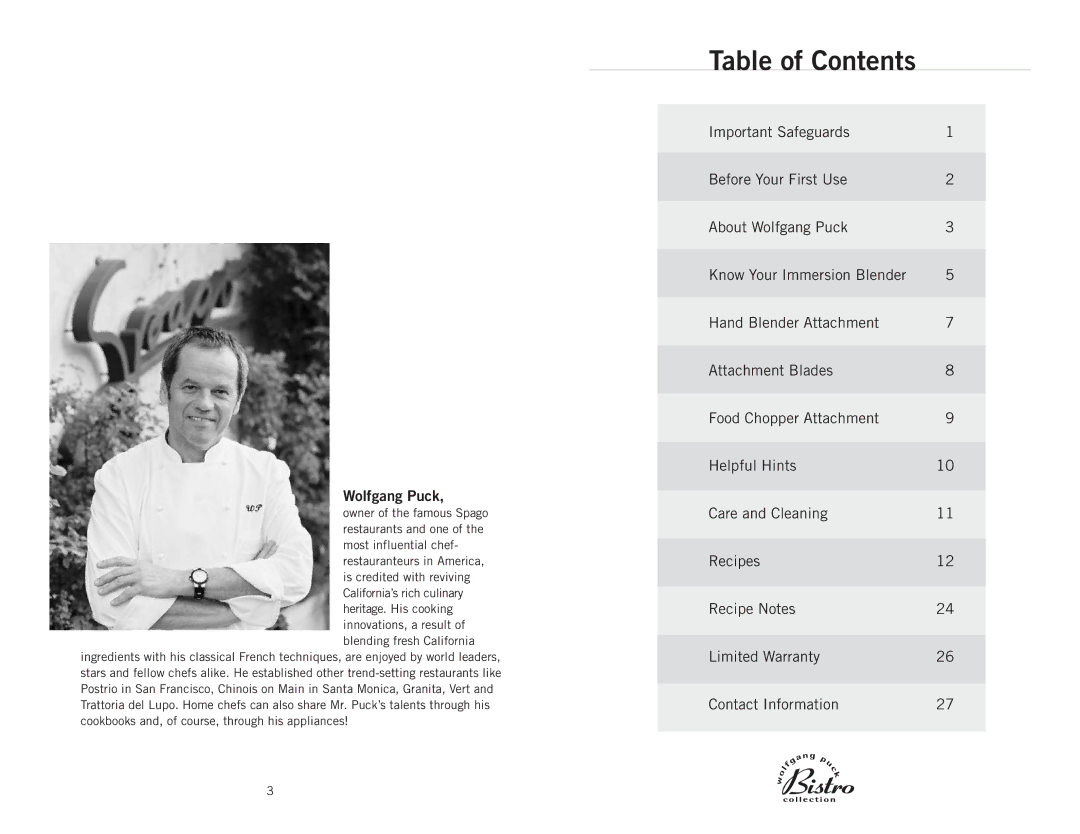 Wolfgang Puck BIBC1010 manual Table of Contents 