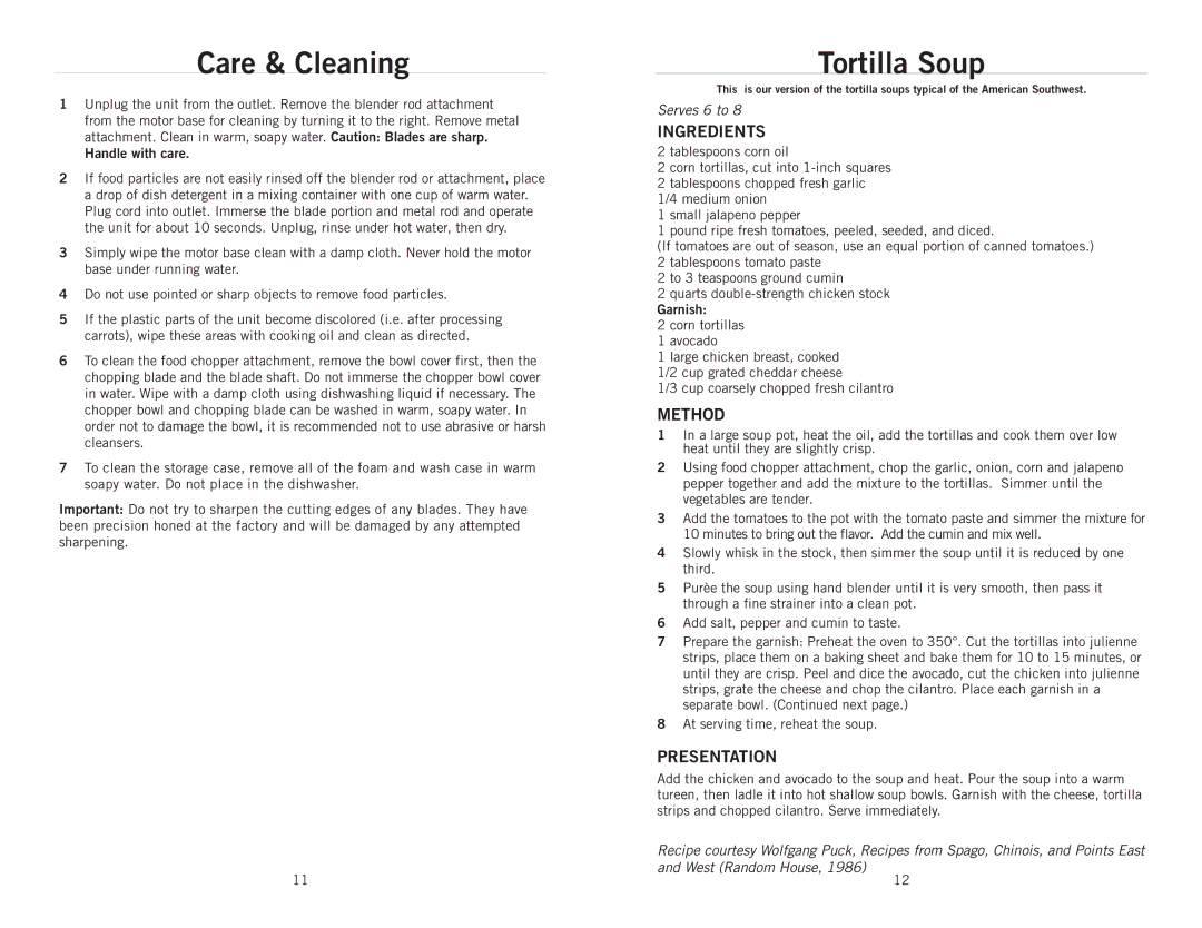 Wolfgang Puck BIBC1010 manual Care & Cleaning, Tortilla Soup, Ingredients, Method, Presentation 