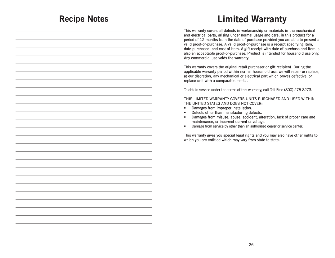 Wolfgang Puck BIBC1010 manual Limited Warranty, Recipe Notes 
