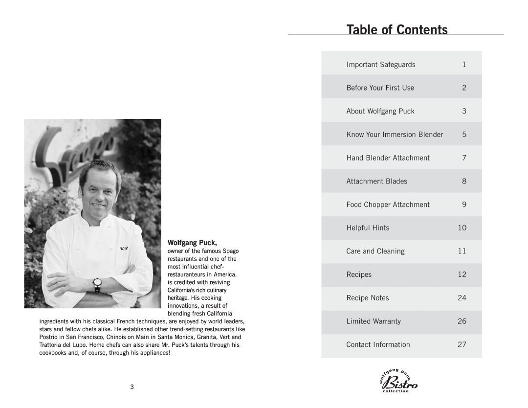 Wolfgang Puck BIBC1010 manual Table of Contents, Wolfgang Puck 