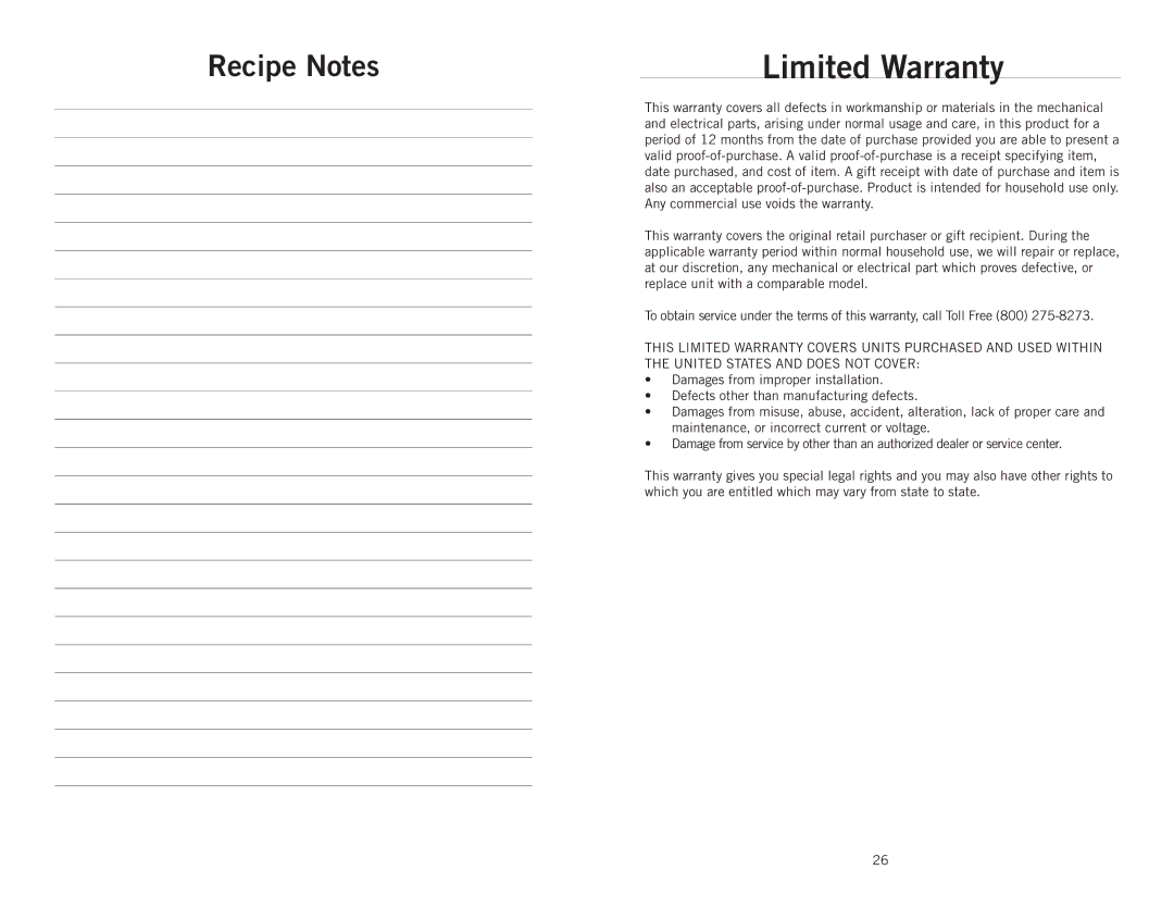 Wolfgang Puck BIBC1025 manual Limited Warranty, Recipe Notes 