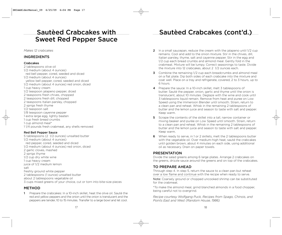 Wolfgang Puck BIBC1050 manual Sautèed Crabcakes with Sweet Red Pepper Sauce, Sautèed Crabcakes cont’d 