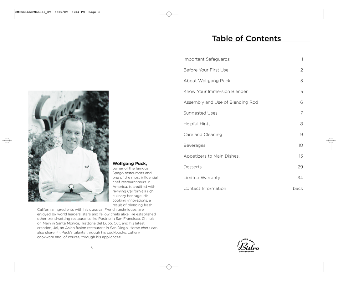 Wolfgang Puck BIBC1050 manual Table of Contents 