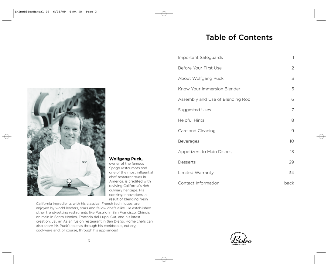 Wolfgang Puck BIBC1050 manual Table of Contents, Wolfgang Puck 