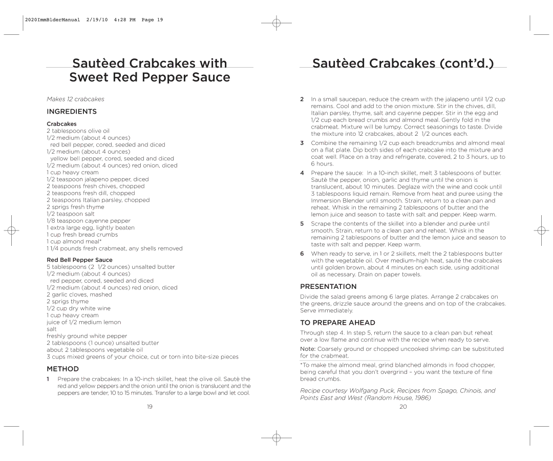 Wolfgang Puck BIBC2020 operating instructions Sautèed Crabcakes with Sweet Red Pepper Sauce, Sautèed Crabcakes cont’d 