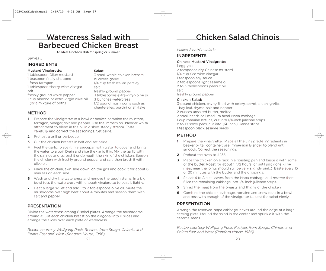 Wolfgang Puck BIBC2020 operating instructions Watercress Salad with Barbecued Chicken Breast, Chicken Salad Chinois 