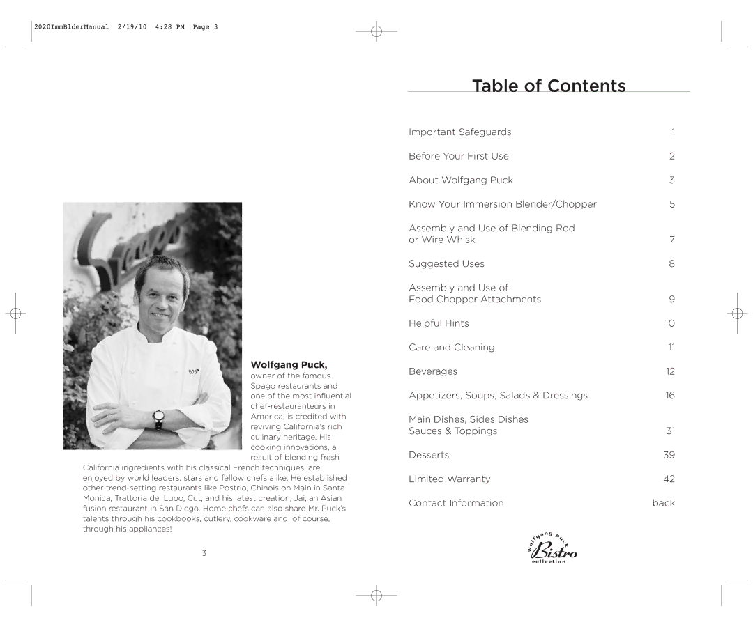 Wolfgang Puck BIBC2020 operating instructions Table of Contents 