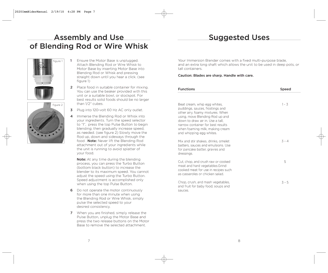 Wolfgang Puck BIBC2020 operating instructions Assembly and Use Blending Rod or Wire Whisk, Suggested Uses 