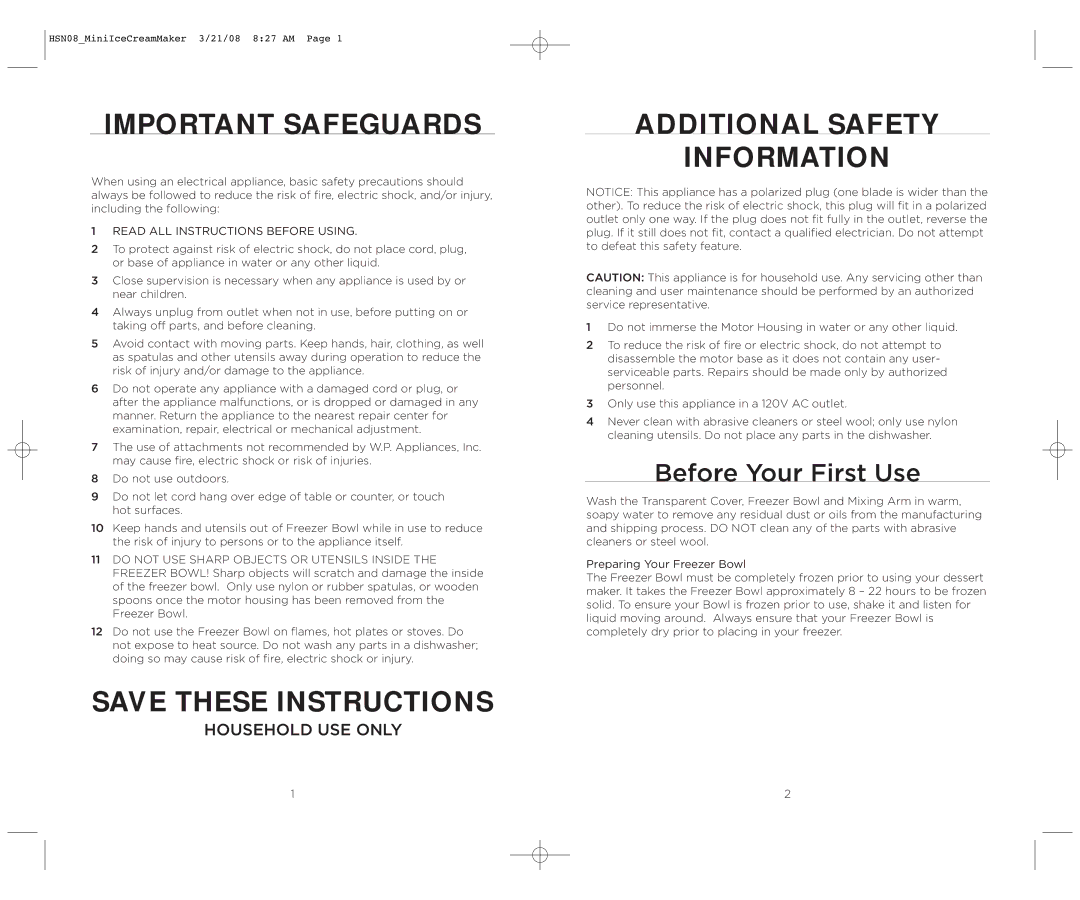 Wolfgang Puck BICM0015 manual Important Safeguards, Before Your First Use 