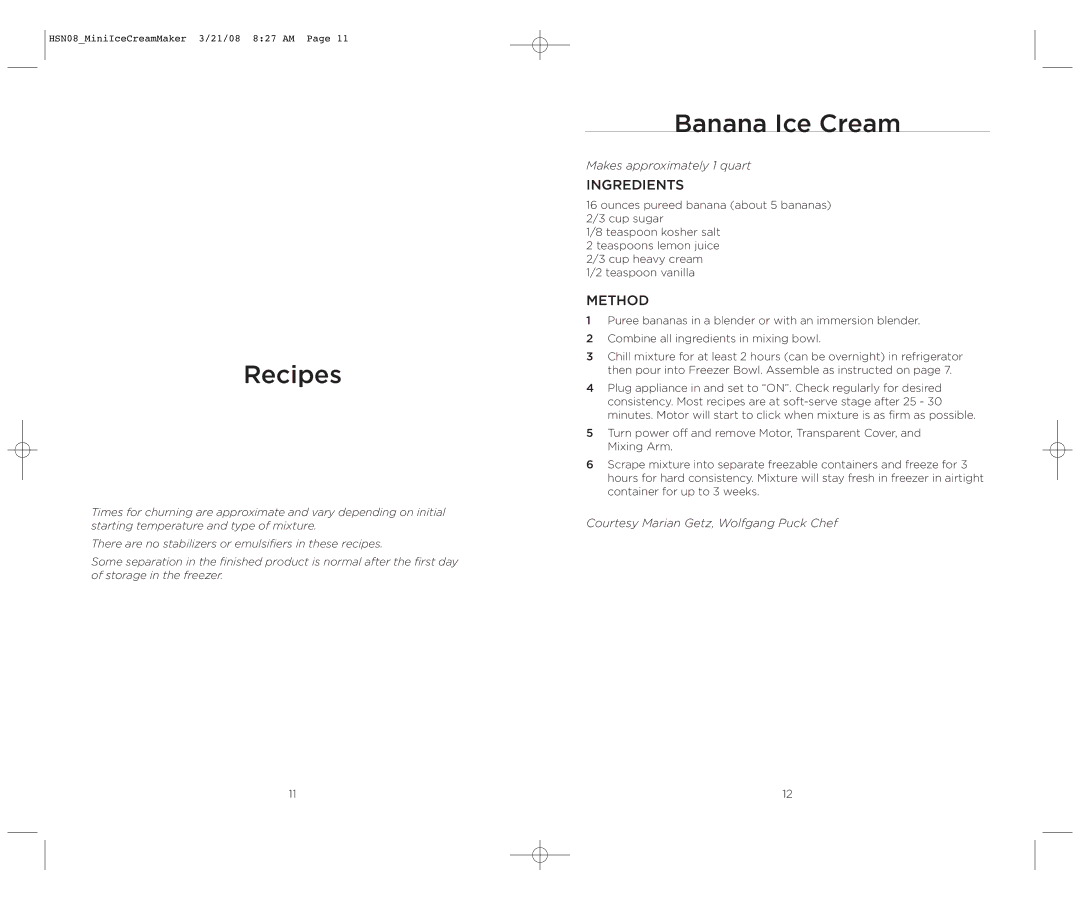 Wolfgang Puck BICM0015 manual Recipes, Banana Ice Cream 