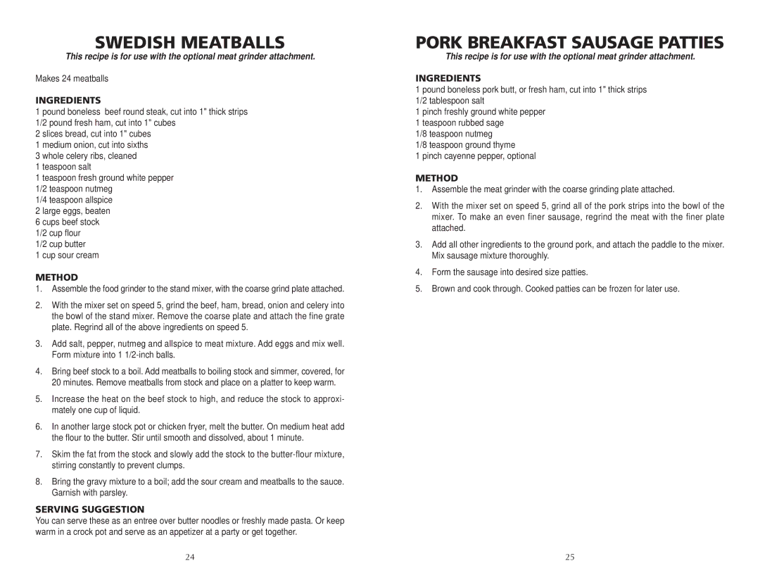 Wolfgang Puck BMSD0010 manual Swedish Meatballs, Pork Breakfast Sausage Patties 