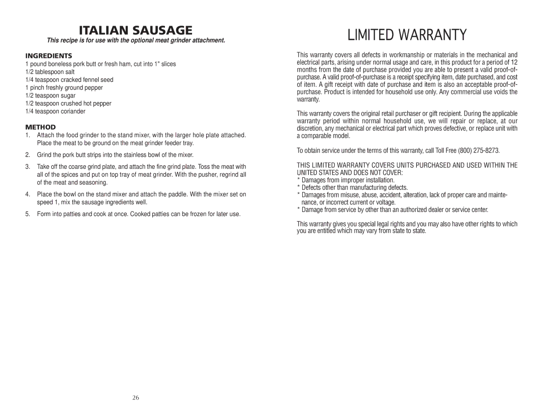 Wolfgang Puck BMSD0010 manual Italian Sausage, Limited Warranty 