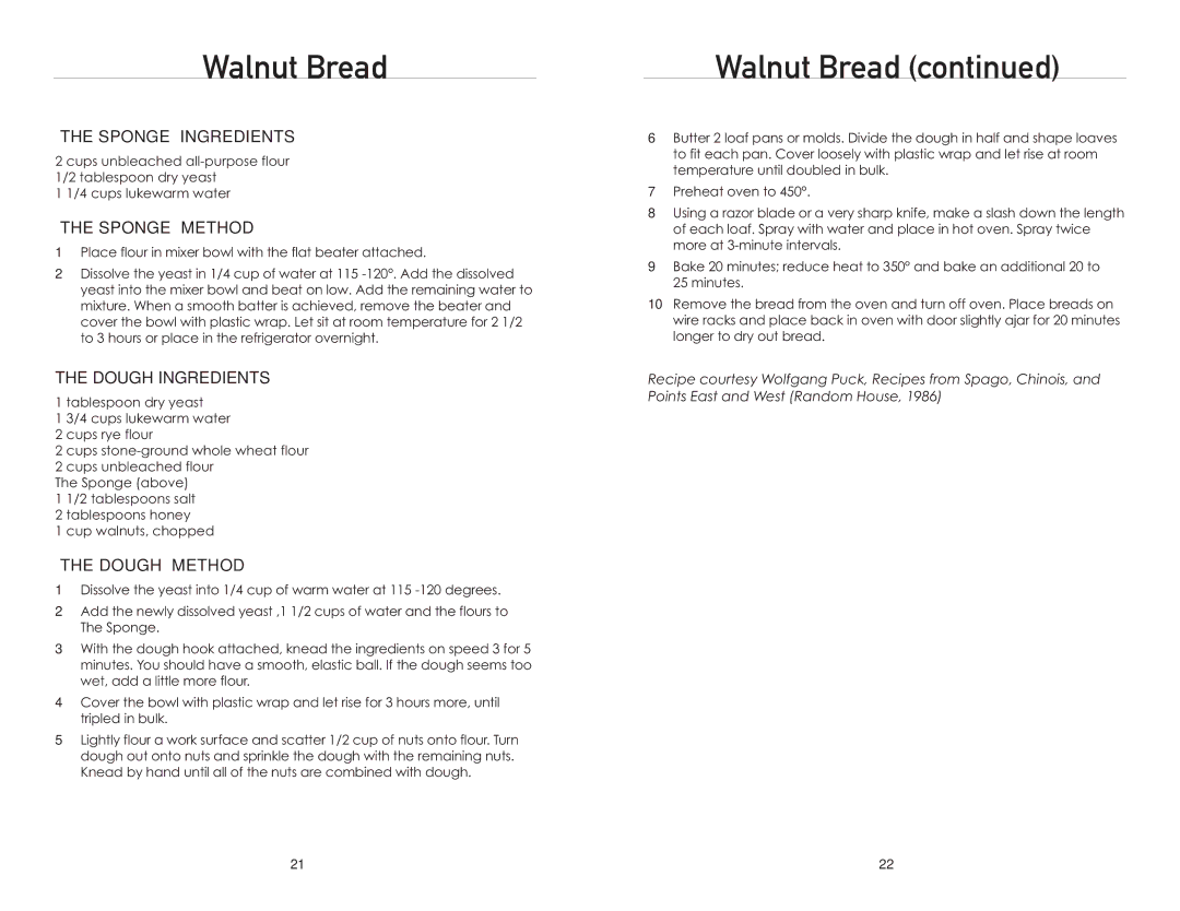 Wolfgang Puck BMSD0015 manual Walnut Bread, Sponge Ingredients, Sponge Method, Dough Ingredients, Dough Method 