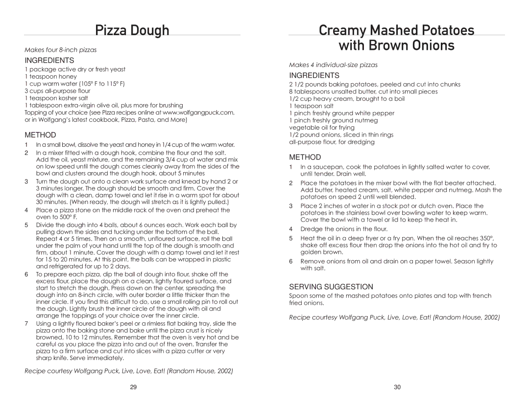 Wolfgang Puck BMSD0015 manual Pizza Dough, Creamy Mashed Potatoes With Brown Onions 