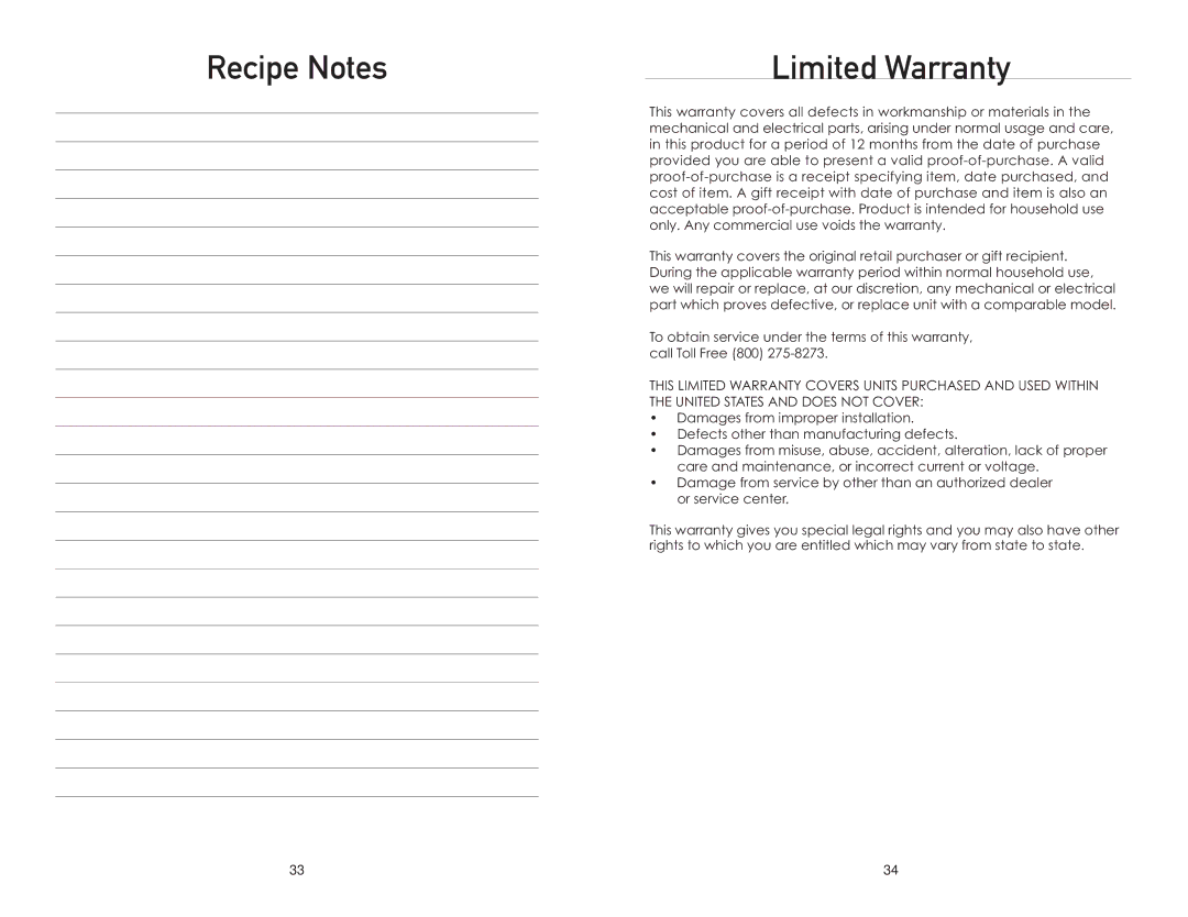 Wolfgang Puck BMSD0015 manual Recipe Notes Limited Warranty 