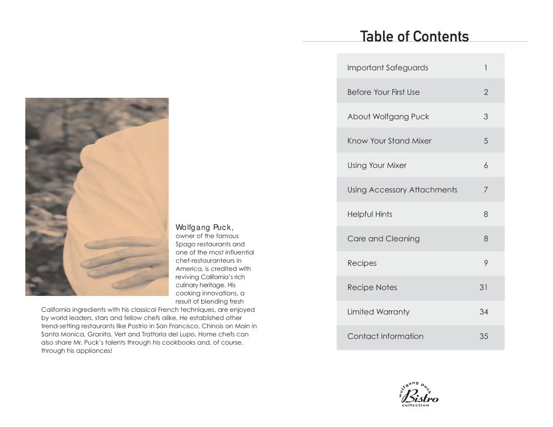 Wolfgang Puck BMSD0015 manual Table of Contents 