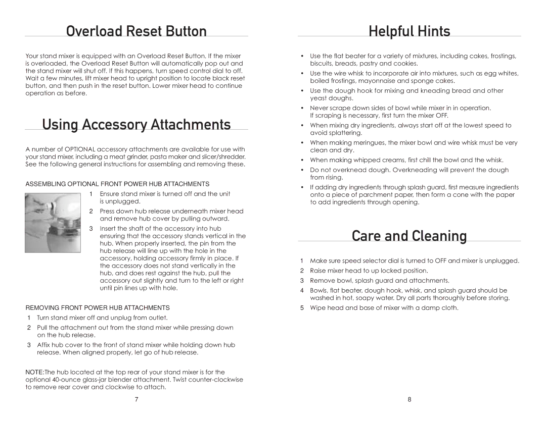 Wolfgang Puck BMSD0015 manual Overload Reset Button, Using Accessory Attachments, Helpful Hints, Care and Cleaning 