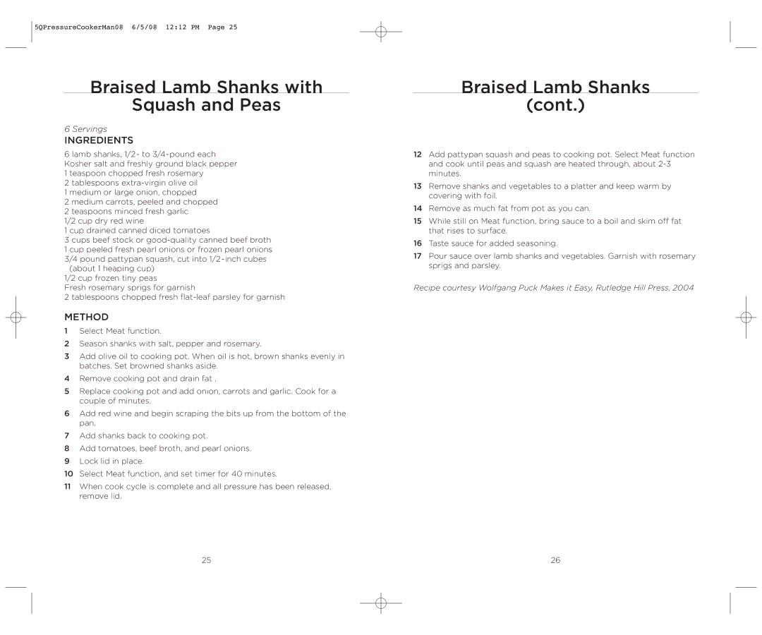 Wolfgang Puck BPCR0005 operating instructions Braised Lamb Shanks with Squash and Peas, Braised Lamb Shanks Cont 