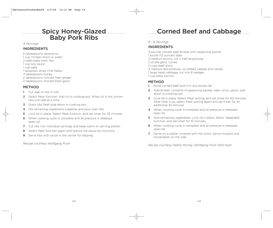 Wolfgang Puck BPCR0005 operating instructions Spicy Honey-Glazed Baby Pork Ribs, Corned Beef and Cabbage 