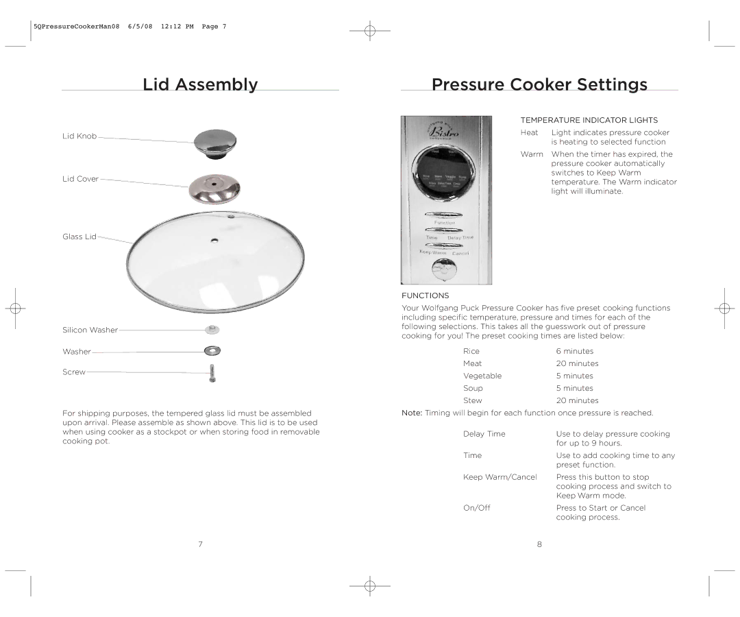 Wolfgang Puck BPCR0005 operating instructions Lid Assembly, Pressure Cooker Settings 