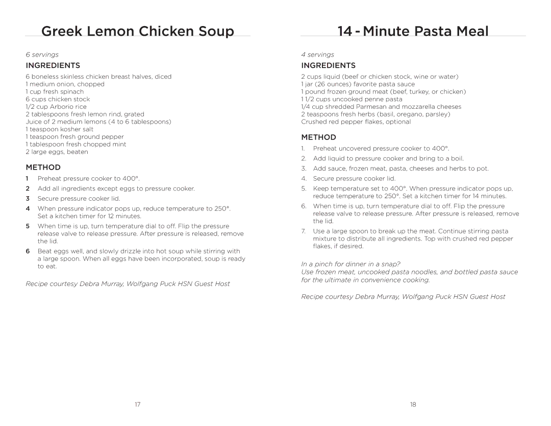 Wolfgang Puck BPCR0010 manual Greek Lemon Chicken Soup, Minute Pasta Meal 