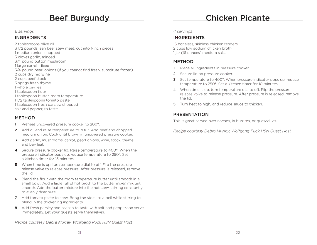 Wolfgang Puck BPCR0010 manual Beef Burgundy, Chicken Picante 