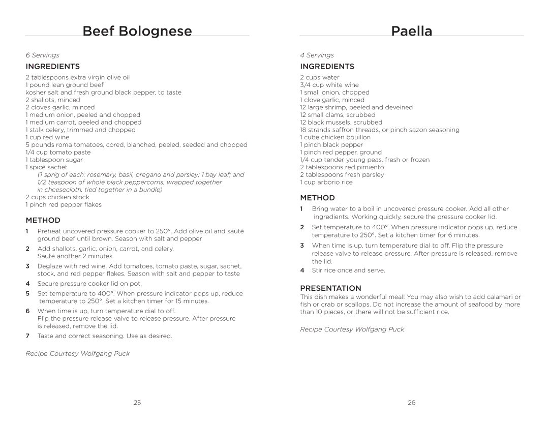 Wolfgang Puck BPCR0010 manual Beef Bolognese, Paella 