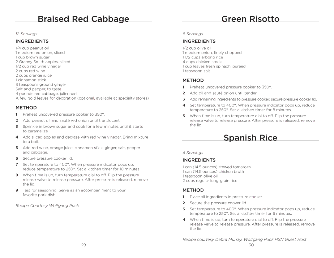 Wolfgang Puck BPCR0010 manual Braised Red Cabbage, Green Risotto, Spanish Rice 