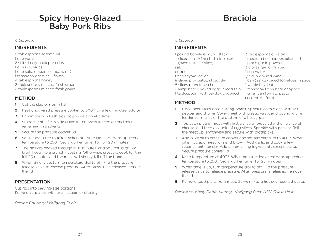 Wolfgang Puck BPCR0010 manual Spicy Honey-Glazed Baby Pork Ribs, Braciola 