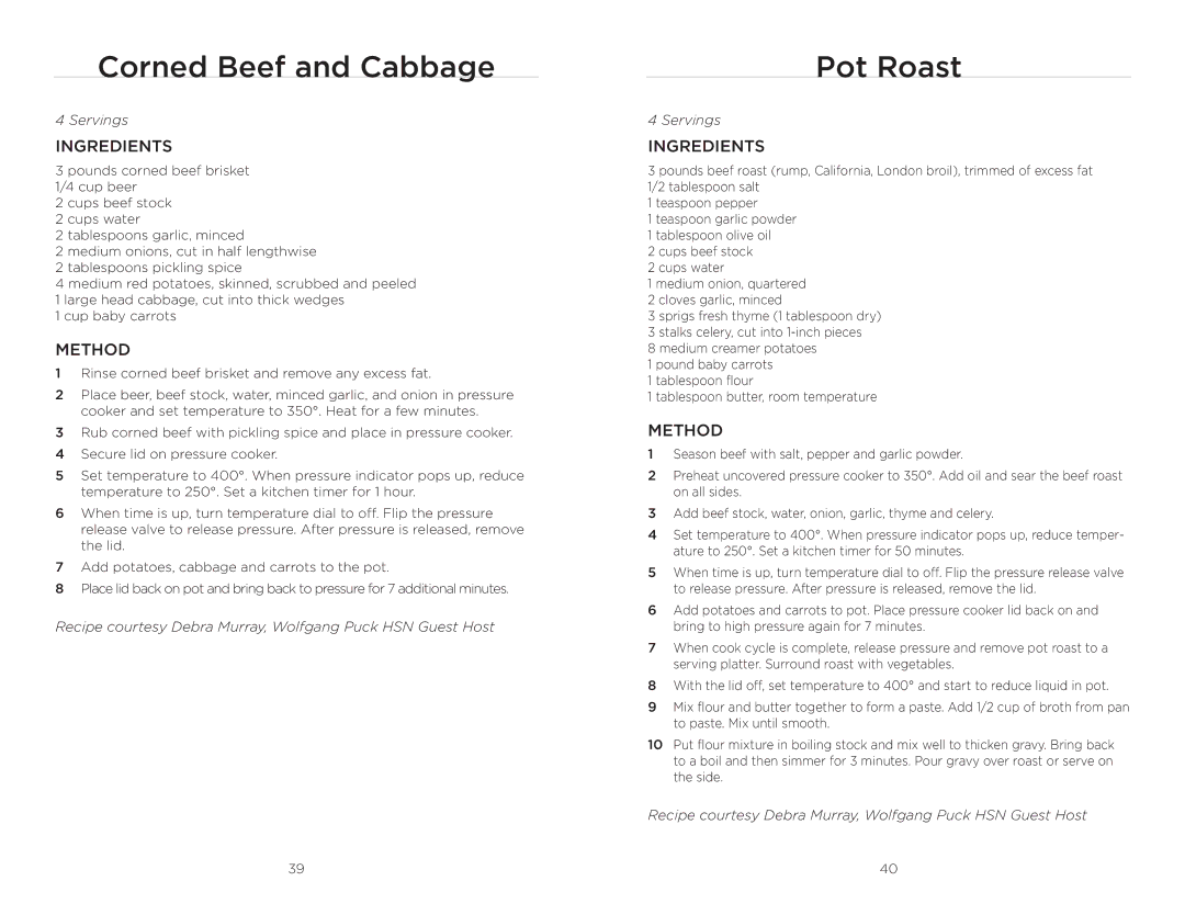 Wolfgang Puck BPCR0010 manual Corned Beef and Cabbage, Pot Roast 