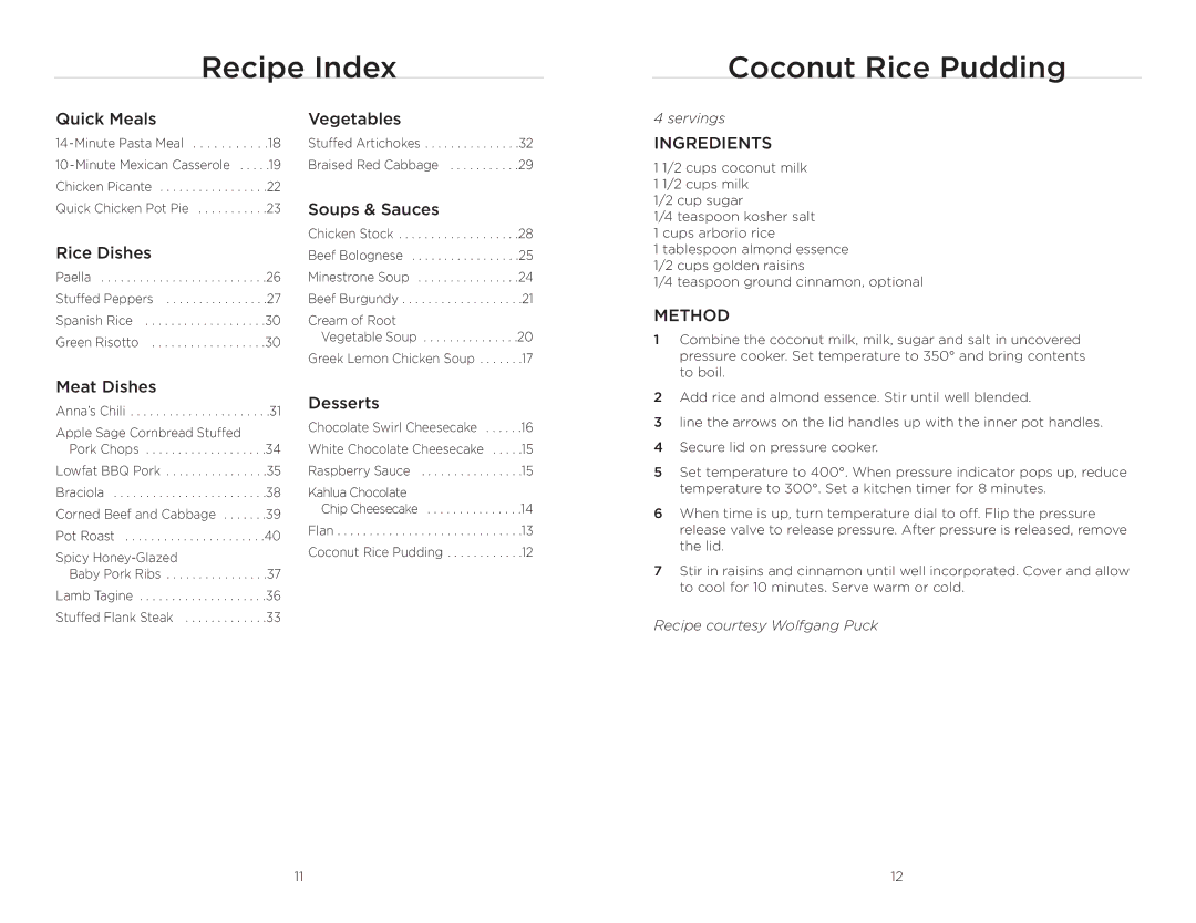 Wolfgang Puck BPCR0010 manual Recipe Index Coconut Rice Pudding, Meat Dishes 